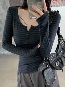 DAZY Women Casual Stripe Fitted Half-Zip Collar Long Sleeve T-Shirt,Fall Clothes