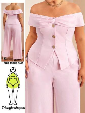 Truni Ropa de otoño para mujeres con figura de pera/triángulo invertido, conjunto de top rosa de hombros descubiertos y pantalones de cintura elástica con botones metálicos y detalles de bolsillos, adecuado para ir al trabajo y fiestas
