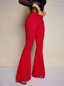 SHEIN SXY Women's Solid Color Front Button Pocket Casual Denim Pants - Red - View 3