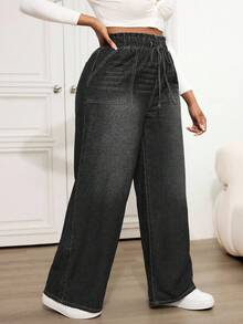 Dripcurv 大码休闲宽松松紧腰直筒牛仔裤，蓝色 - 深灰色 - 查看 4