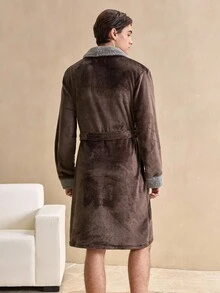 撞色毛绒男士披肩领长袖口袋系带睡袍，秋冬款，蓬松舒适 - 彩色 - 查看 2