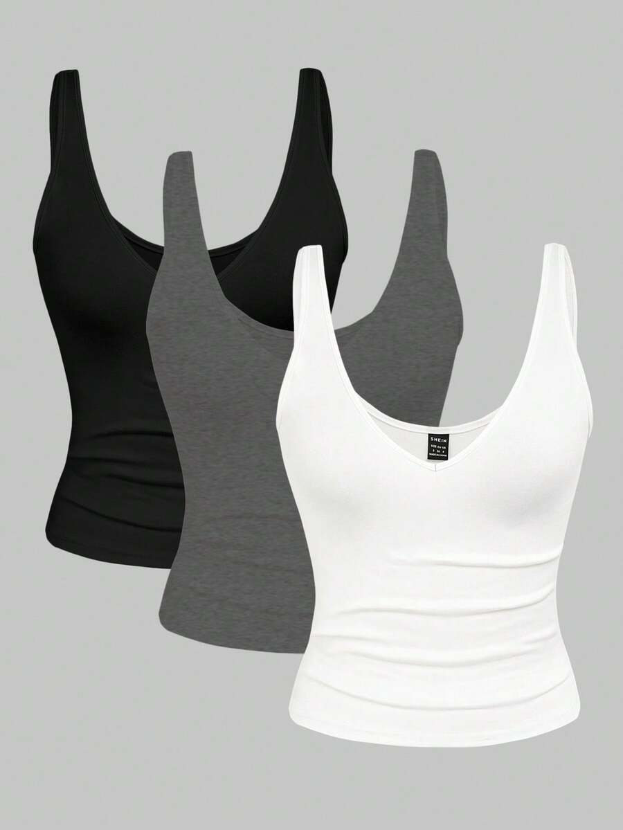 Franclia 3件套修身短款豹纹纯色V领女式吊带背心，夏季 - 彩色 - 查看 1