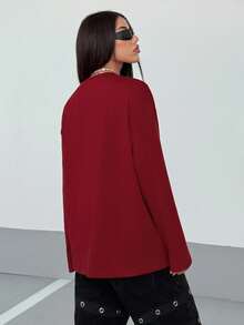 StreetHx 女士哥特印花宽松休闲暗黑街头风圆领薄款长袖T恤，秋冬图案T恤，春季女式上衣 - 酒紅色 - 查看 2