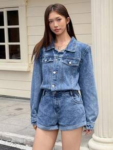 Rivivi Women's Casual Washed Denim Romper - Blue - View 8