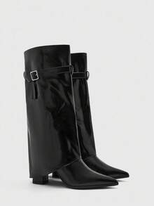 CUCCOO BIZCHIC Botas de mujer de moda europea y americana con puntera puntiaguda, tacón grueso y cremallera lateral - Negro - Ver 6