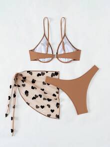 Swim Mod 3pcs Heart Print Bikini Swimsuit Set, Non-Padded, With Underwire - Apricot - View 2