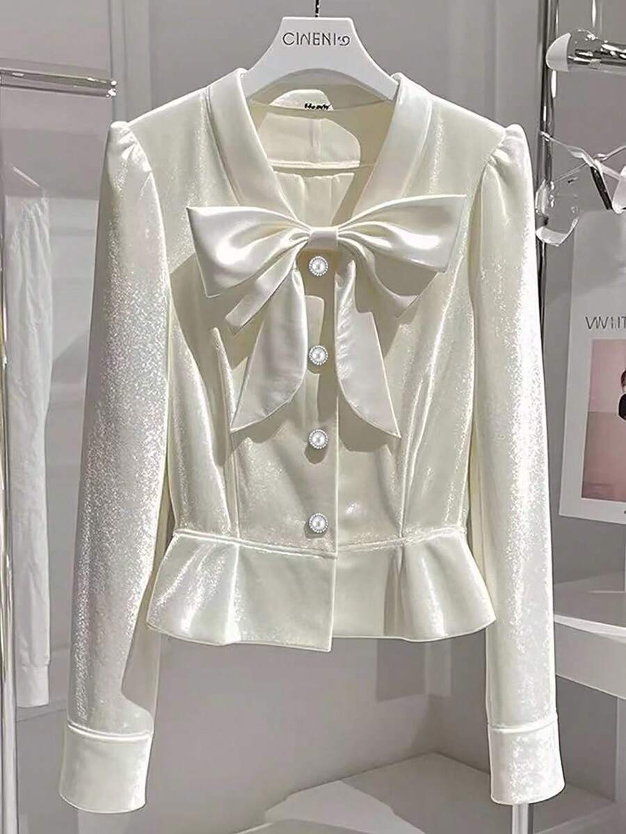 Franclia Elegante camicetta con fiocco e maniche lunghe, camicia versatile da ufficio di colore unito