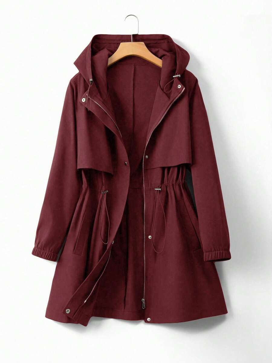 EMERY ROSE 大码女式收腰连帽风衣外套，韩版休闲优雅宽松高端夏季外套 - 酒紅色 - 查看 1