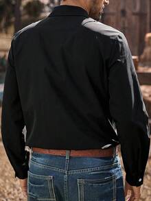 Manfinity Nomadique Men's Retro Contrast Color Long Sleeve Shirt With Front Button-Down And Fringe Decor, Rodeo Shirt Men Western Shirts Western Shirt With Fringe, Fall