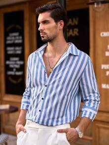 Manfinity NXTstreet Men's Casual Woven Blue & White Striped Long Sleeve Loose Fit Shirt, Suitable For Everyday Wear, Fall - Blue and White - View 7