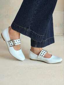 Zapatos de piso de mujer, colores de moda, con hebilla gruesa, ideales para oficina, escuela o eventos formales. Estilo charol. - Blanco - Ver 2