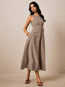 Poéselle 棉质纯色前扣圆领无袖连衣裙 - 摩卡棕 - 查看 3