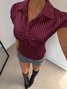 Siren Gaze 女士休闲通勤条纹修身衬衫，夏季 - 酒紅色 - 查看 4