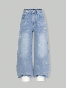 SHEIN Tween Girls Y2K 风格中蓝色复古阔腿牛仔裤，带水钻蝴蝶装饰，适合所有季节的时尚休闲牛仔裤