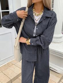 DAZY Women's Casual Striped Loose Shirt And Pants 2 Pieces Set, Autumn Lounge Sets For Women - Navy Blue - View 6