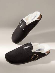 Solecia Women's Buckle Design Thermal Lined Casual Slip-On Flats - Black - View 5