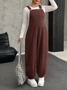 SHEIN EZwear 大码灰色弹力羊毛罗纹背带裤，秋冬 - 棕色 - 查看 4