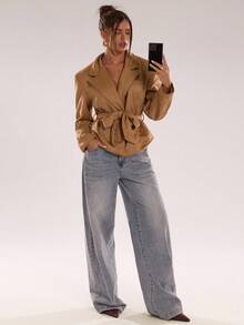 SHEIN BAE Women's Solid Color Lapel NeckLong Sleeve Belted Design Fashion Jacket, Autumn, Brown Jacket Women Women Fall Clothes,Suede Jacket