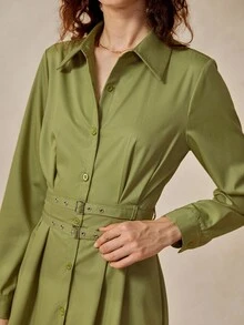 Écloséra Elegant Adjustable Double Waistband Design Pleated Button Women's Dress, Suitable For Autumn Outings - Green - View 1