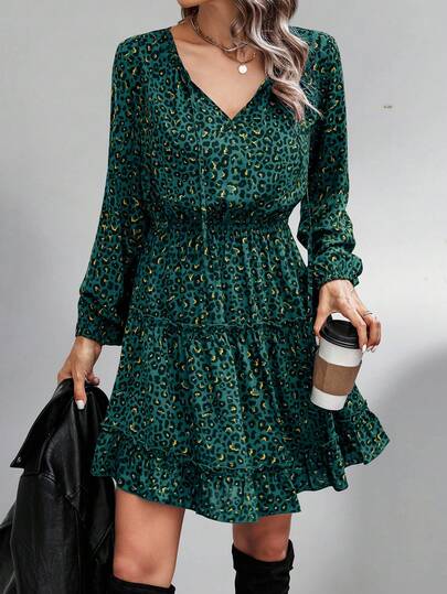 Louniche 全身印花系带领荷叶边下摆连衣裙 酒红色女装