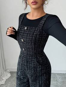 Elenzga Damen Lässige Latzhose mit quadratischem Kragen, ärmelos, dickes Karomuster, Knopfverschluss vorne, gerade Beine, geeignet für Halloween, Weihnachten, Neujahr, Thanksgiving, Arbeit, Abschlusszeit - Schwarz - Übersicht 6