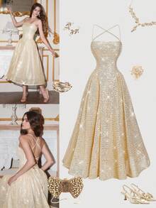 SHEIN MOD 系带露背亮片中长连衣裙 - 杏色 - 查看 1