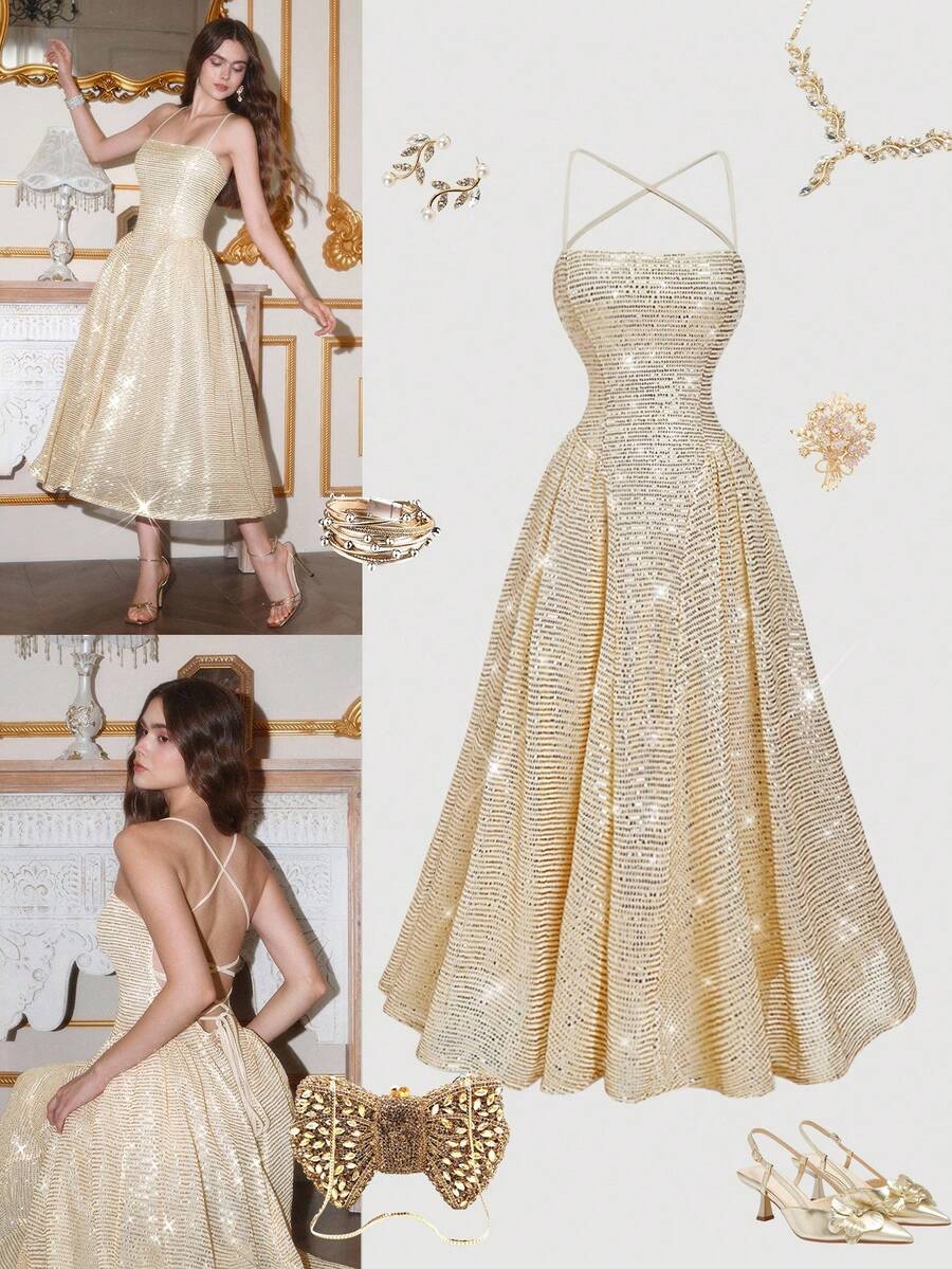 SHEIN MOD 系带露背亮片中长连衣裙 - 杏色 - 查看 1