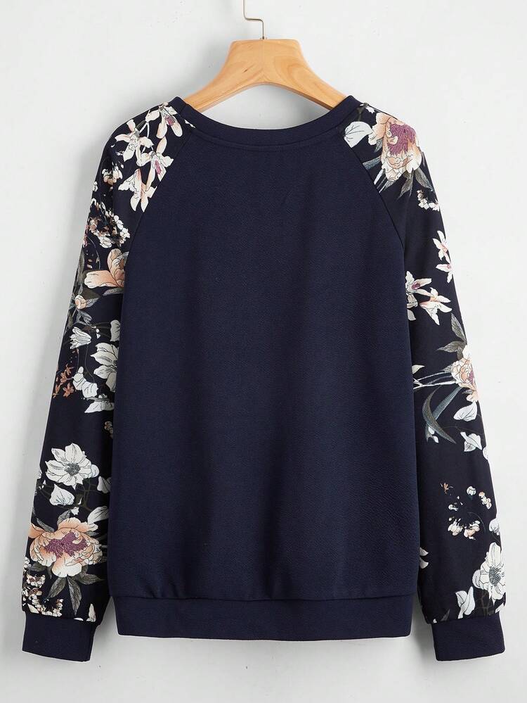 Floral Raglan Sleeve Pullover,Long Sleeve Tops In Fall/Winter,Casual