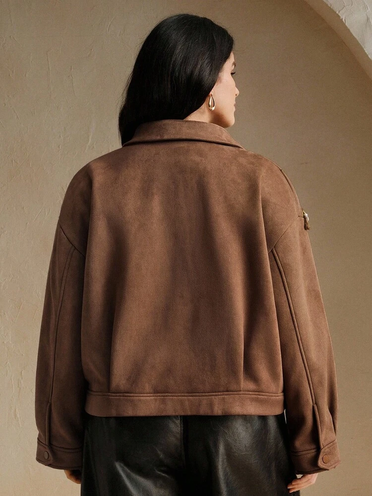 Plus Size Women Elegant Chic Embroidered Fringe Patchwork Jacket, Suitable For Autumn, Winter, New Year, Casual, Christmas, Luxury