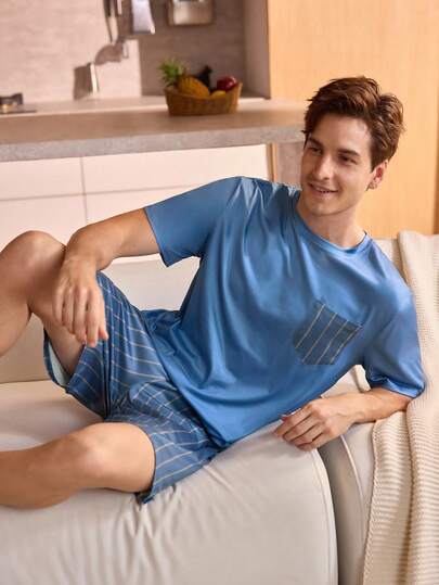 Men's Striped Pocket Short Sleeve Top And Shorts Pajama Set