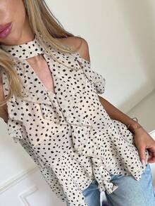 SHEIN EZwear 休闲圆点印花荷叶边挂脖上衣 - 彩色 - 查看 1