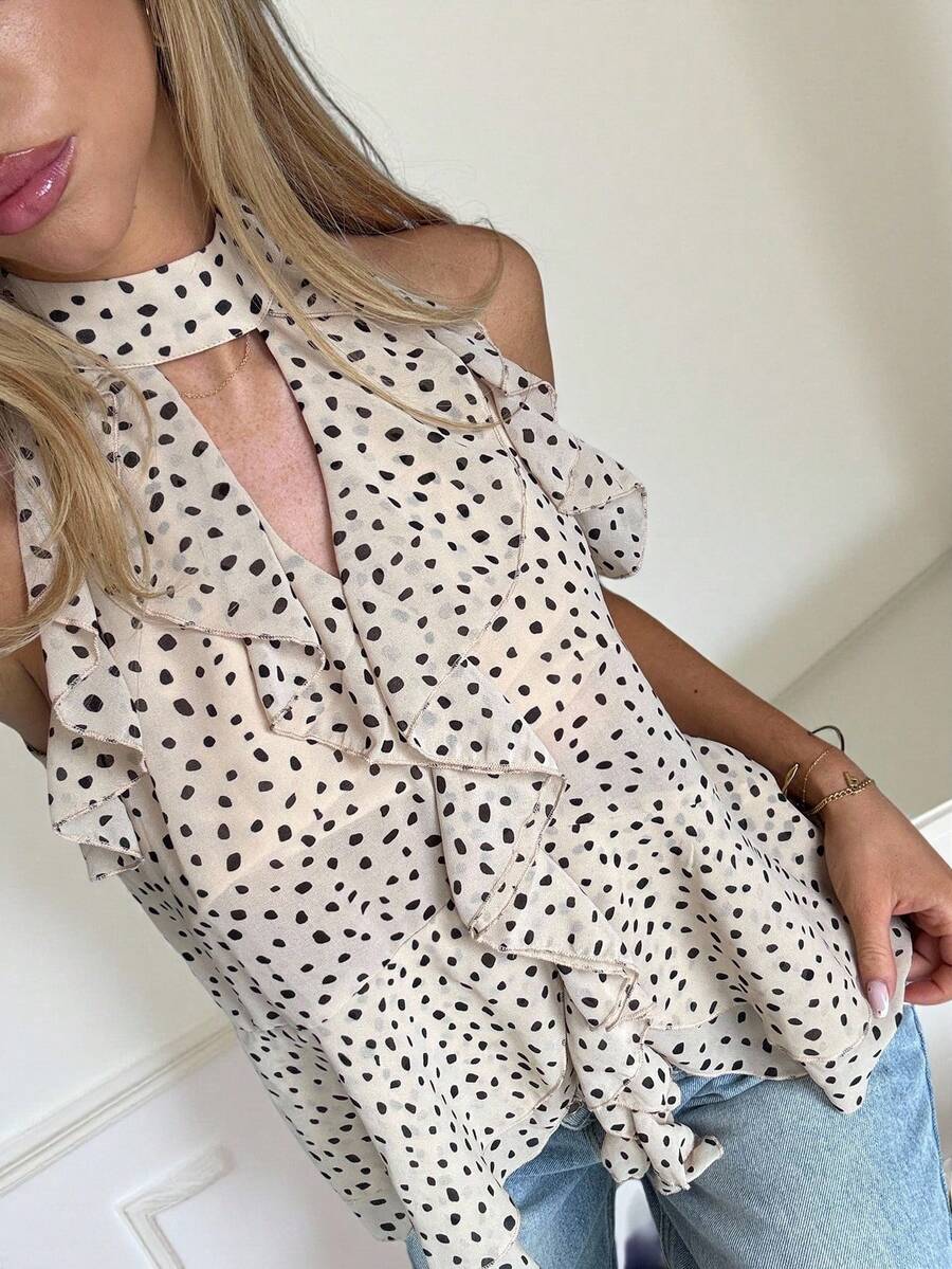 SHEIN EZwear 休闲圆点印花荷叶边挂脖上衣 - 彩色 - 查看 1