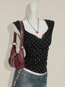 SHEIN ICON Women's Sexy Millennial Style Y2K Young Fashion Black Background White Polka Dot Sweetheart Neckline Splicing Lace Lace Open Back Slim Knit T-Shirt - Multicolor - View 6