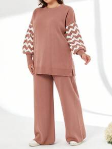 SHEIN Cottnline Plus Size randig färgblock tröja och byxor i två delar, för vintern - Rosa - Visa 4
