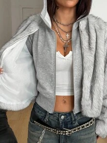 Coolane 女士秋冬街头风 Y2K 日常外出复古演唱会休闲保暖宽松短款人造皮草外套 - 淺灰色 - 查看 7