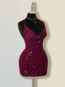 SHEIN ICON Damen Einfarbiges Kleid mit tiefem Ausschnitt und Strass-Verzierung, sexy Trägerkleid - Rot - Übersicht 5