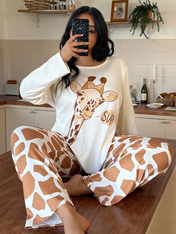 SHEIN Cute Plus Size Pajama Set For Women Long Sleeve Top & Pants Giraffe Print Knitted Fabric Lounge Animal Print Pajama Set Comfy Pajamas Set Cartoon Pajamas Women, Fall Winter Clothes