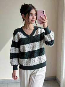 SHEIN Tween Girls Striped Color Block Cable Knit V-Neck Lantern Sleeve Oversized Pullover Sweater, Suitable For Autumn/Winter Outings Fall - Dark Grey - View 3