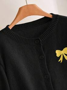 CosyJoli 秋冬大码女式蝴蝶结刺绣长袖单排扣开衫 - 灰色 - 查看 1