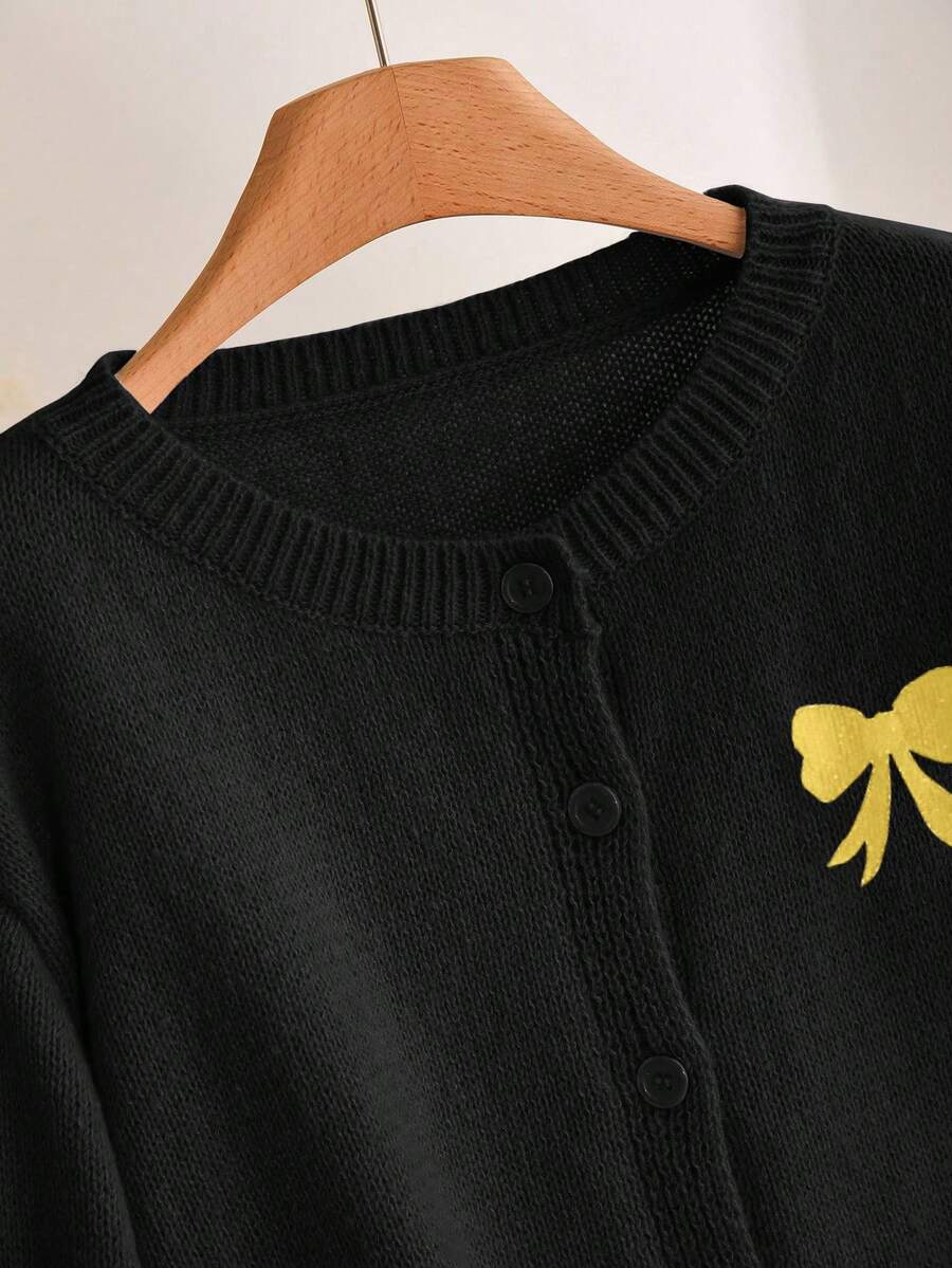 CosyJoli 秋冬大码女式蝴蝶结刺绣长袖单排扣开衫 - 灰色 - 查看 1