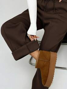 SHEIN EZwear Women's Knitted Coffee Brown Long Straight Leg Sweatpants With Practical Pockets Wide Leg Sweatpants Brown Pants Flare Sweat Pants Brown Bottoms Women Y2k Pants - Coffee Brown - View 4