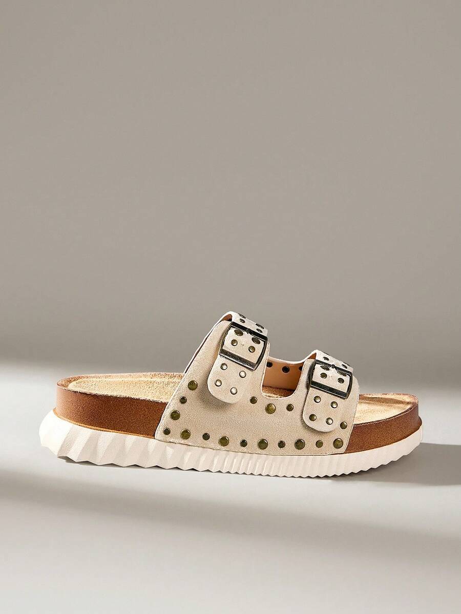 Solecia Women's Wedge Heel Thick Sole Round Toe Studded Apricot Comfortable Beach Casual Sandals - Apricot - View 1