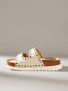 Solecia Women's Wedge Heel Thick Sole Round Toe Studded Apricot Comfortable Beach Casual Sandals - Apricot - View 3