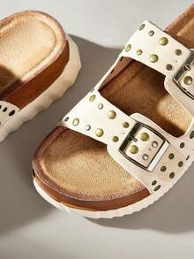 Solecia Women's Wedge Heel Thick Sole Round Toe Studded Apricot Comfortable Beach Casual Sandals - Apricot - View 5