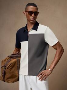 AKNOTIC Men's Knitted Patchwork "Old Money" Textured Slim Fit Short Sleeve Casual Polo Shirt, Suitable For Daily Wear, Commute, Spring/Summer, Vacation, Party, Wedding, Couple, Boyfriend Gift, Beachwear - Multicolor - View 2