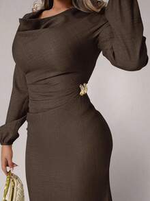 Xyvia Women's Metal Buckle Draped Neck Long Dress - Mocha Brown - View 1