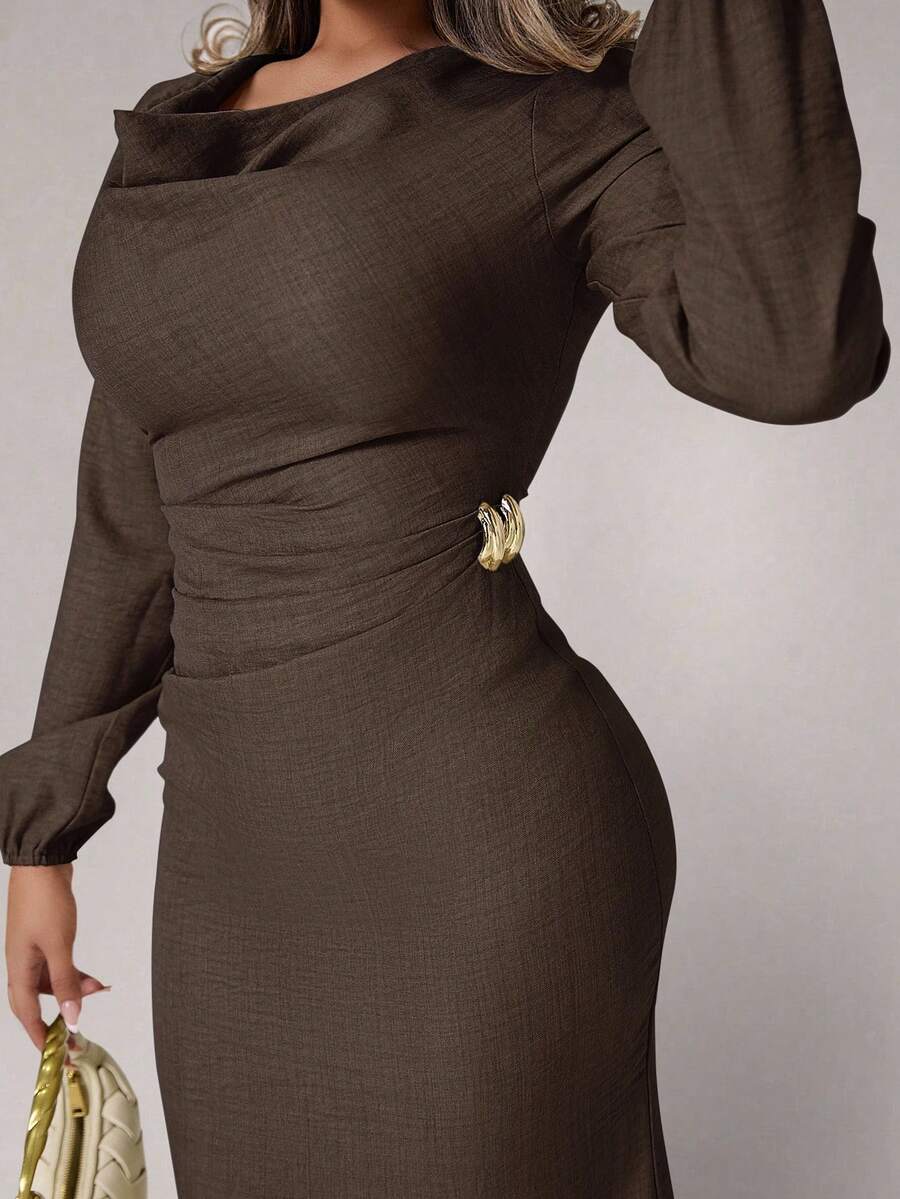 Xyvia Women's Metal Buckle Draped Neck Long Dress - Mocha Brown - View 1