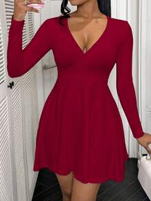 BamGleam V领性感前卫简约女士连衣裙迷你短裙秋季连衣裙新年衣服 - 酒紅色 - 查看 6