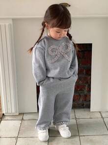 DAZY 2件套女婴圆领蝴蝶结装饰长袖卫衣和宽松运动裤套装，幼儿女童服装 - 灰色 - 查看 5