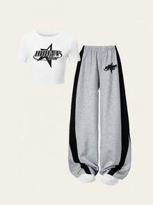 SHEIN ChillGRL 青少年女孩两件套休闲套装，星星和字母印花 T 恤和条纹阔腿裤，适合日常锻炼 - 灰色 - 查看 1